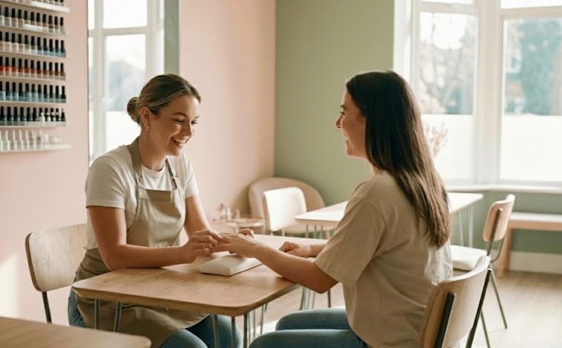 A professional nails technician holding the hand of her client and smiling